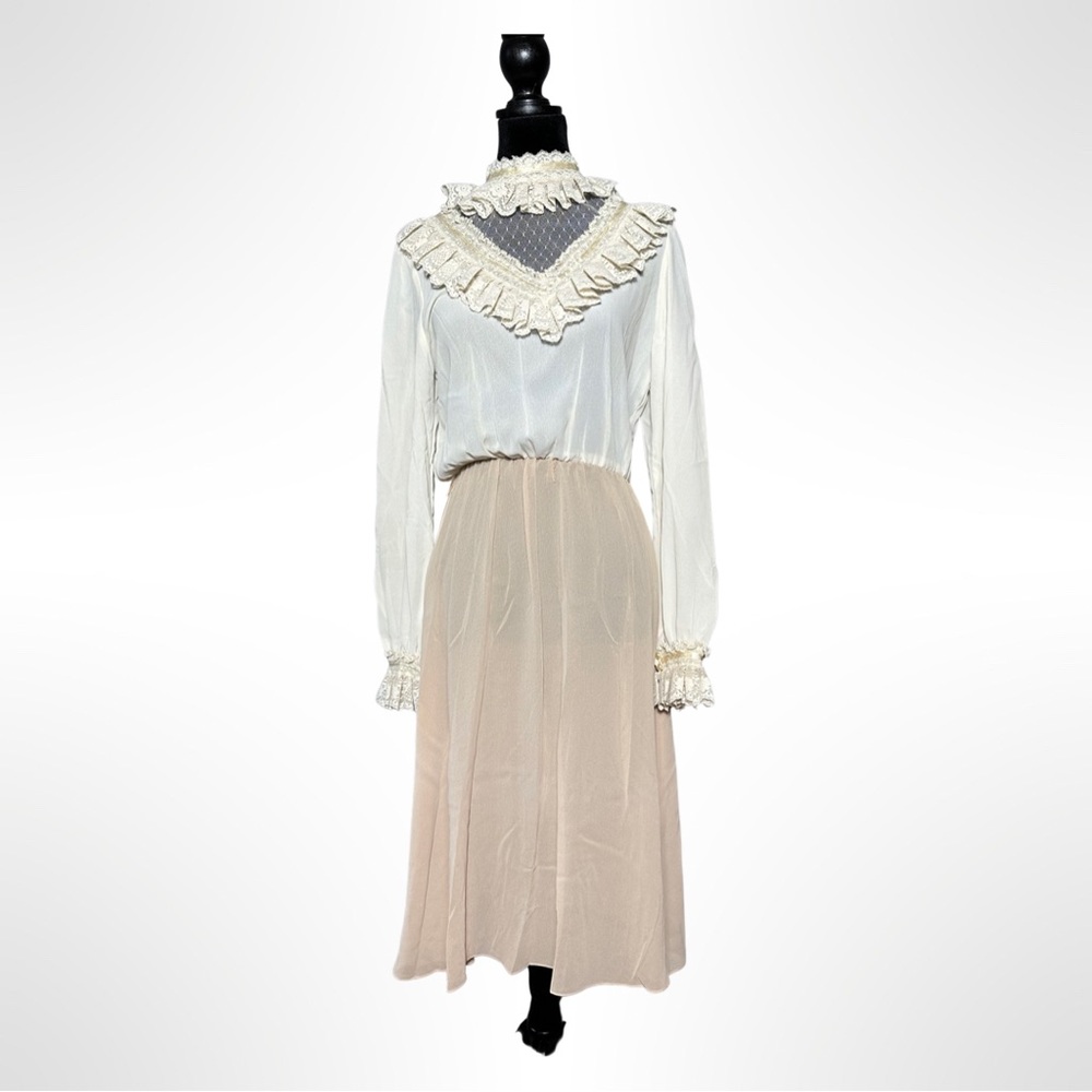 Amazing Vintage 70s Sheer Lace Collar Cuff Midi Dress Ruffle Lot 9/10